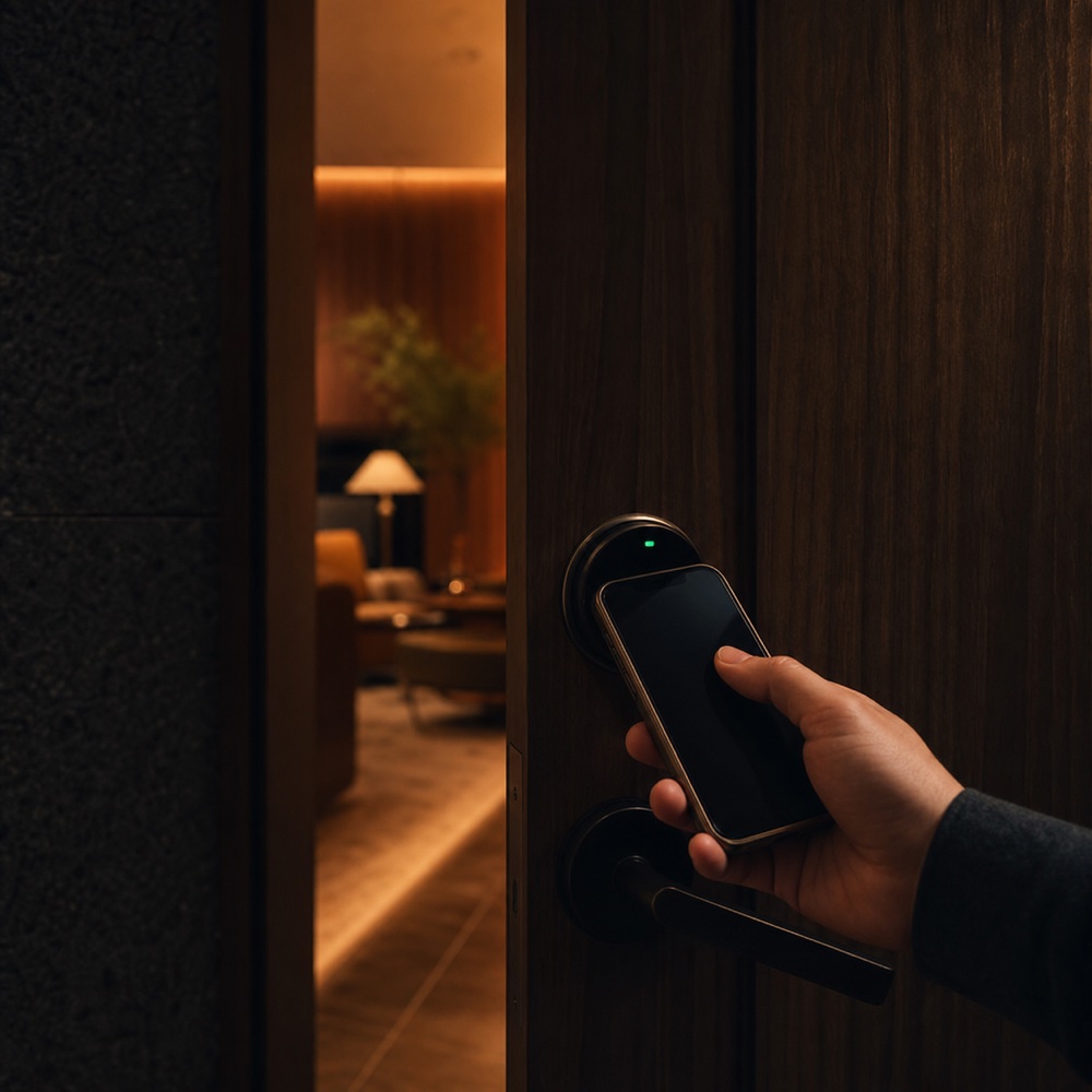 A member using a phone key to enter a warmly lit lounge