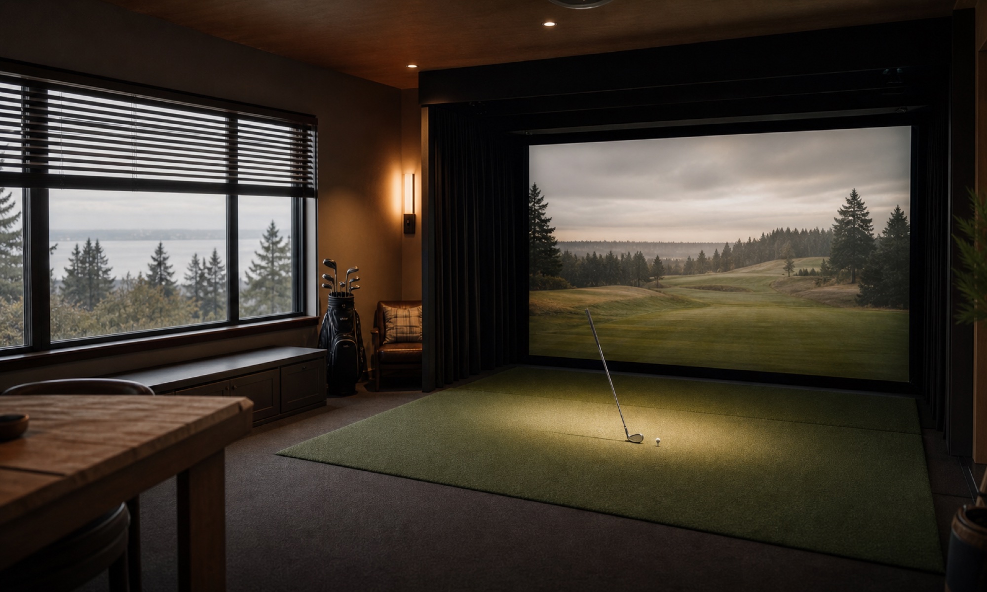 An empty indoor golf bay in soft Seattle morning light