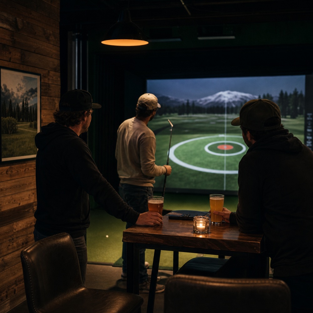 Three friends playing closest-to-the-pin in a simulator lounge